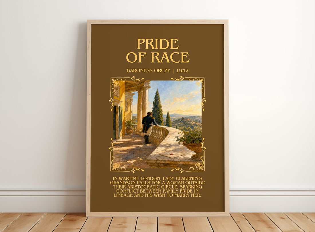 Pride Of Race Minimalist Book Poster by Baroness Orczy – framed print leaning on a wooden floor