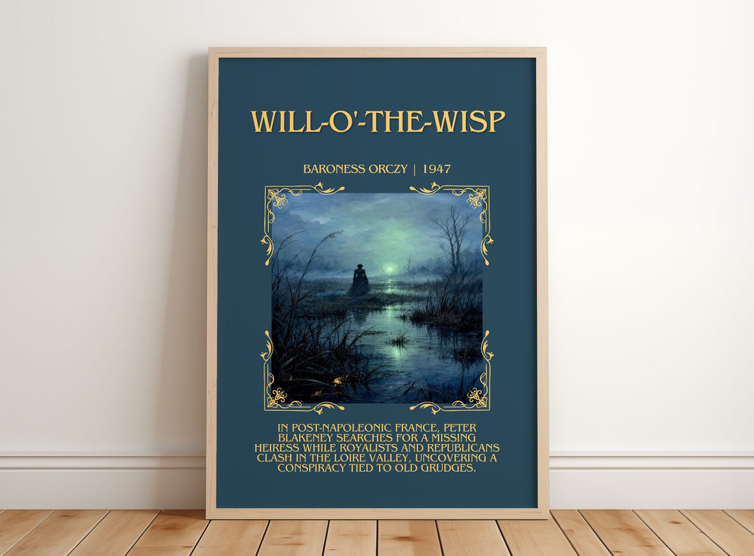 Will-O'-The-Wisp Minimalist Book Poster by Baroness Orczy – framed print leaning on a wooden floor