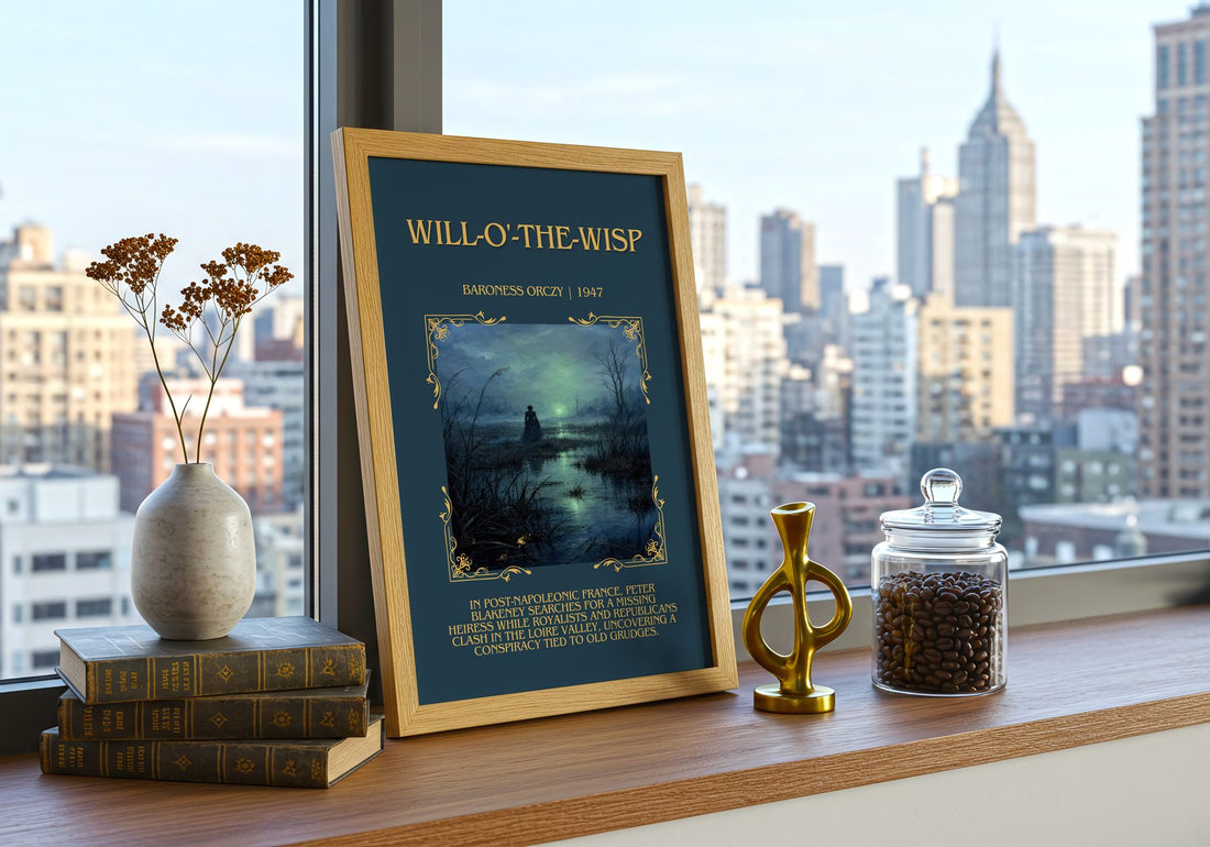 Will-O'-The-Wisp Minimalist Book Poster by Baroness Orczy – framed print on a city-view windowsill