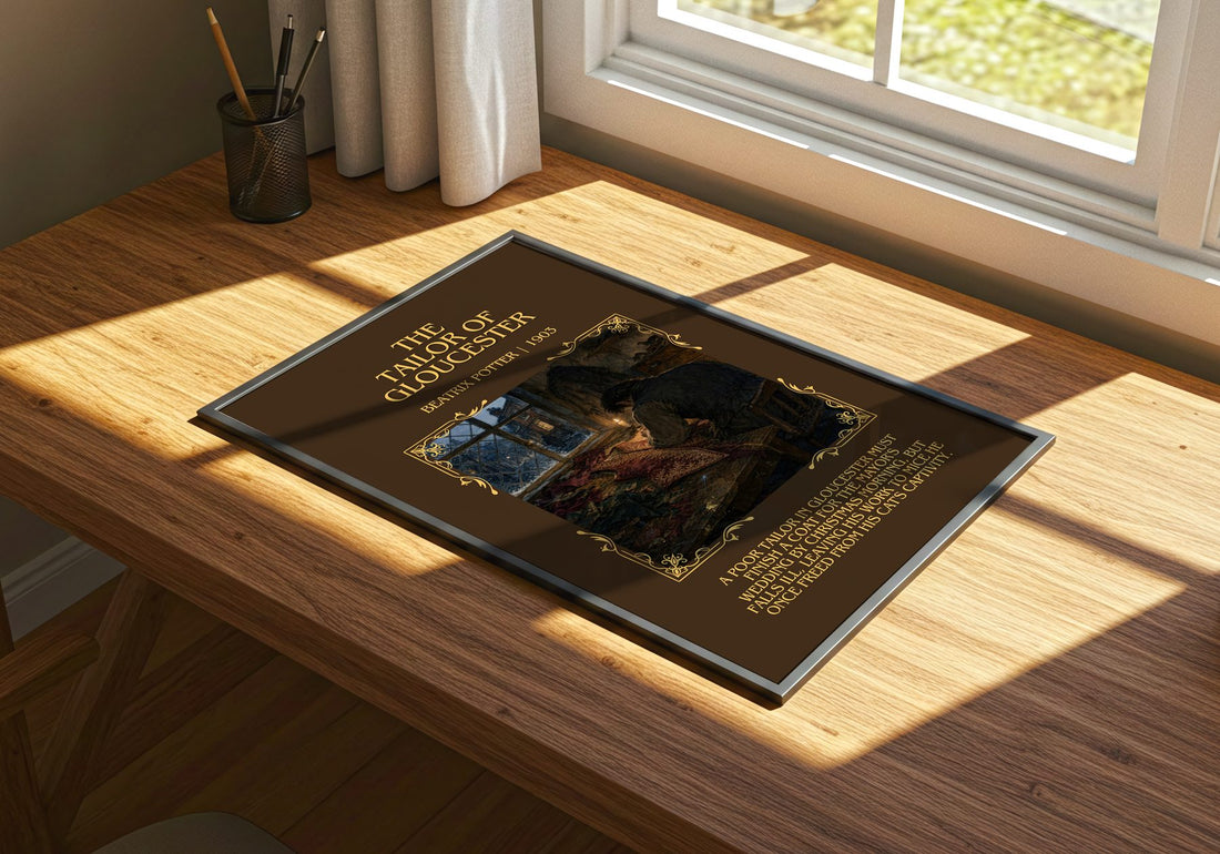 The Tailor Of Gloucester Minimalist Book Poster by Beatrix Potter – print on a sunlit desk