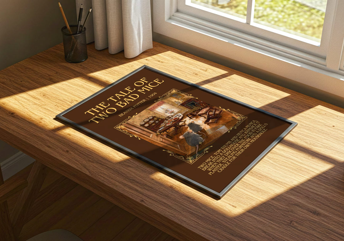 The Tale Of Two Bad Mice Minimalist Book Poster by Beatrix Potter – print on a sunlit desk