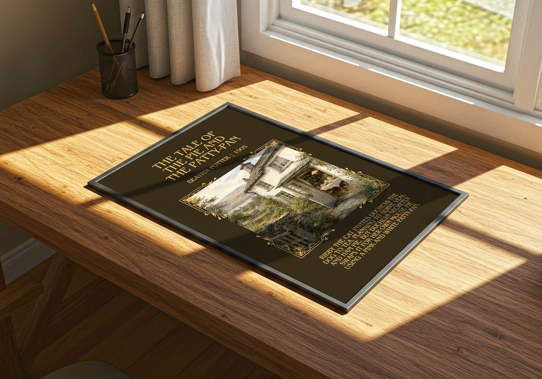 Tale Of The Pie And The Patty-Pan Minimalist Book Poster by B. Potter – print on a sunlit desk