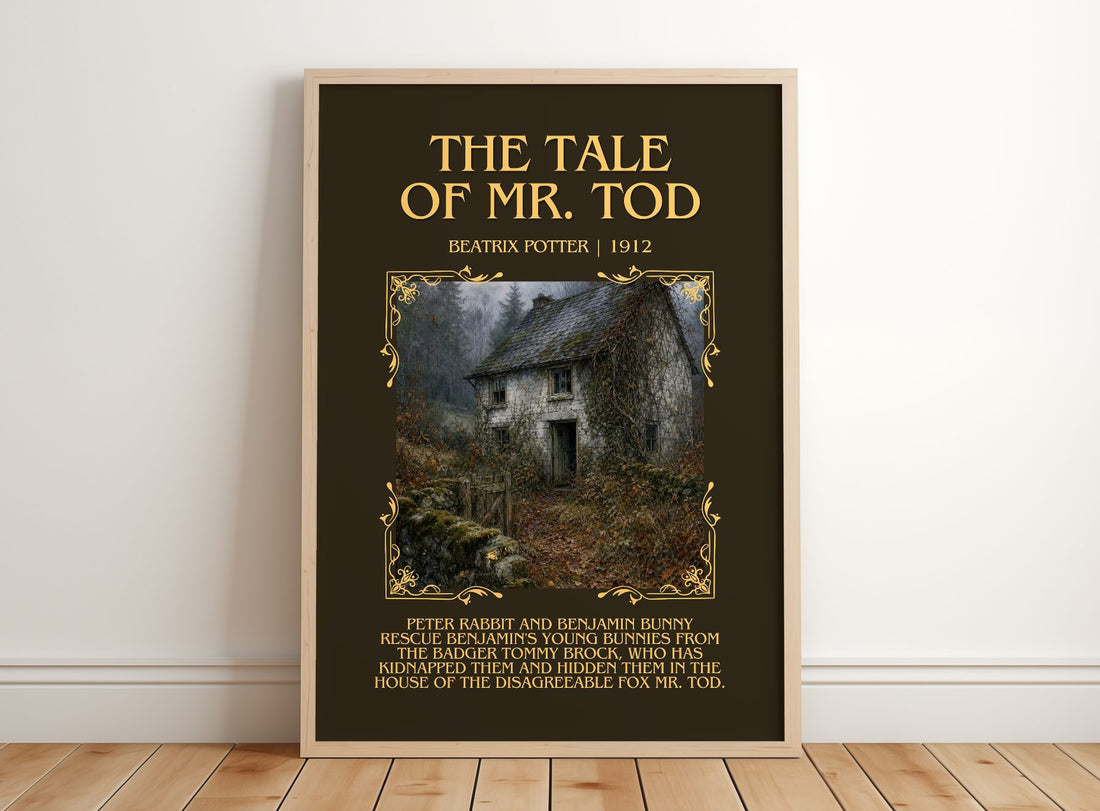 The Tale Of Mr. Tod Minimalist Book Poster by Beatrix Potter – framed print leaning on a wooden floor