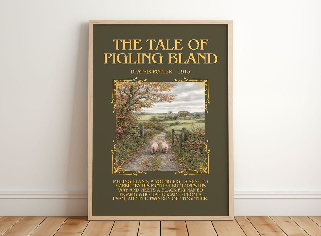 The Tale Of Pigling Bland Minimalist Book Poster by Beatrix Potter – framed print leaning on a wooden floor