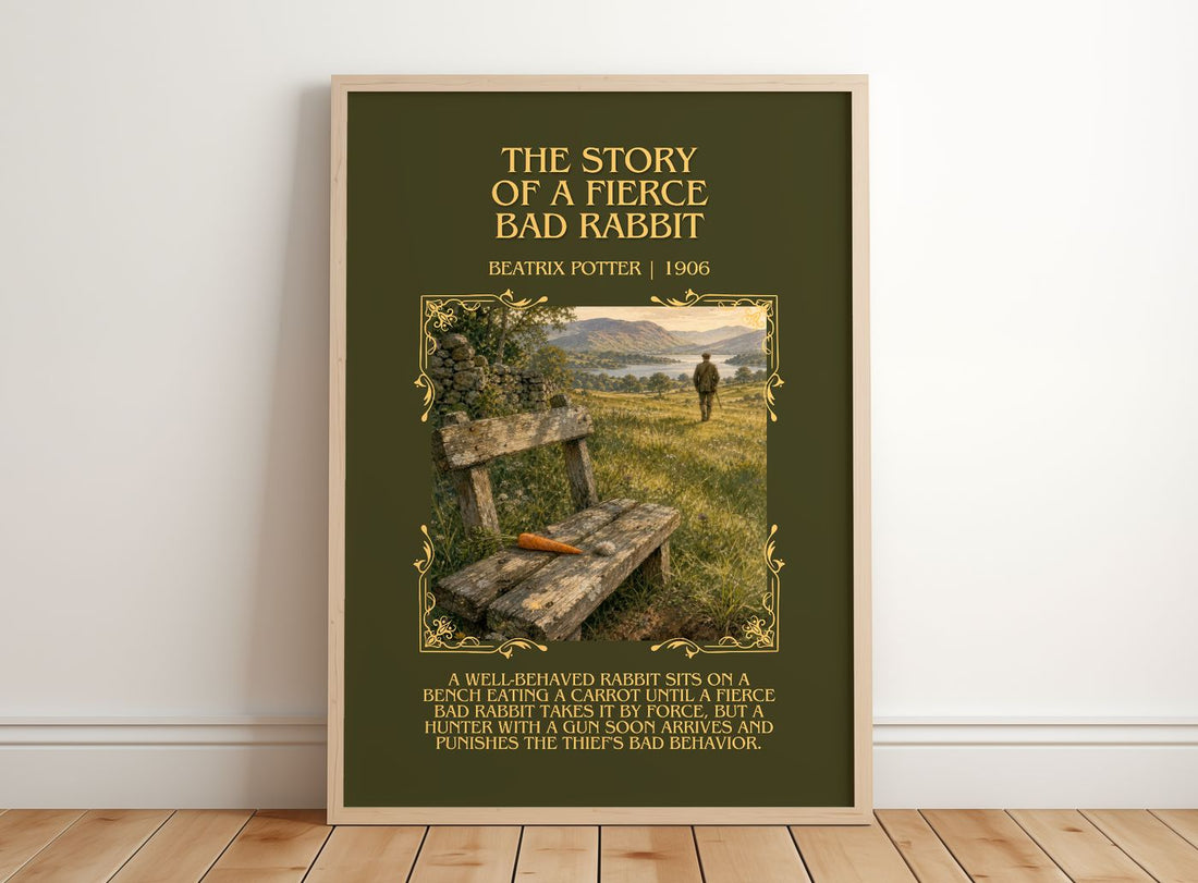 Story Of A Fierce Bad Rabbit Minimalist Book Poster by Beatrix Potter – framed print leaning on a wooden floor