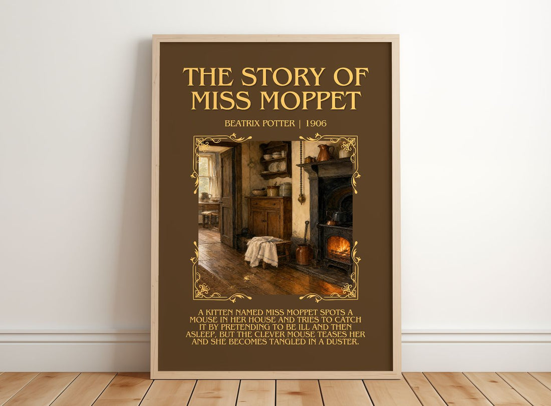The Story Of Miss Moppet Minimalist Book Poster by Beatrix Potter – framed print leaning on a wooden floor