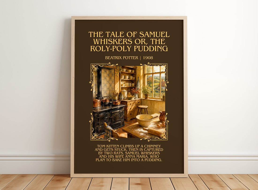 Tale Of Samuel Whiskers Or, The Roly-Poly Pudding Minimalist Book – framed print leaning on a wooden floor