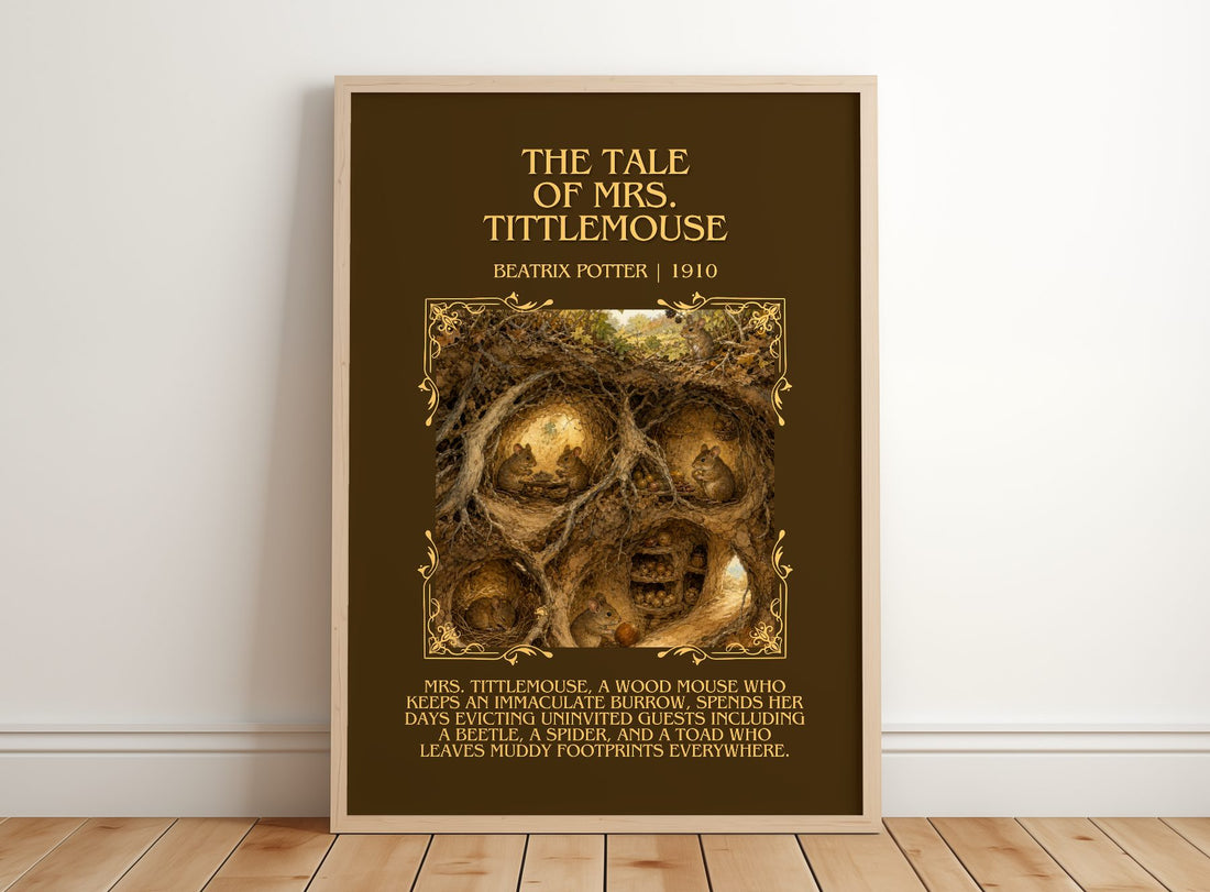 The Tale Of Mrs. Tittlemouse Minimalist Book Poster by Beatrix Potter – framed print leaning on a wooden floor