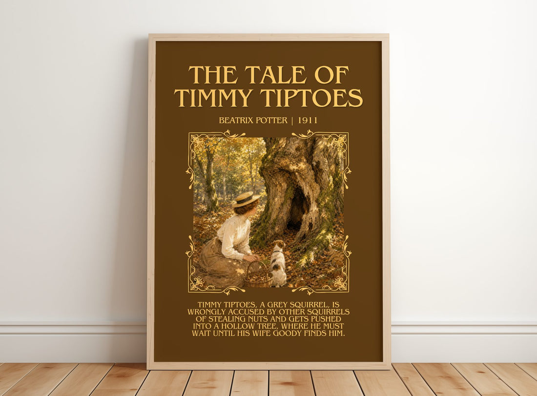 The Tale Of Timmy Tiptoes Minimalist Book Poster by Beatrix Potter – framed print leaning on a wooden floor