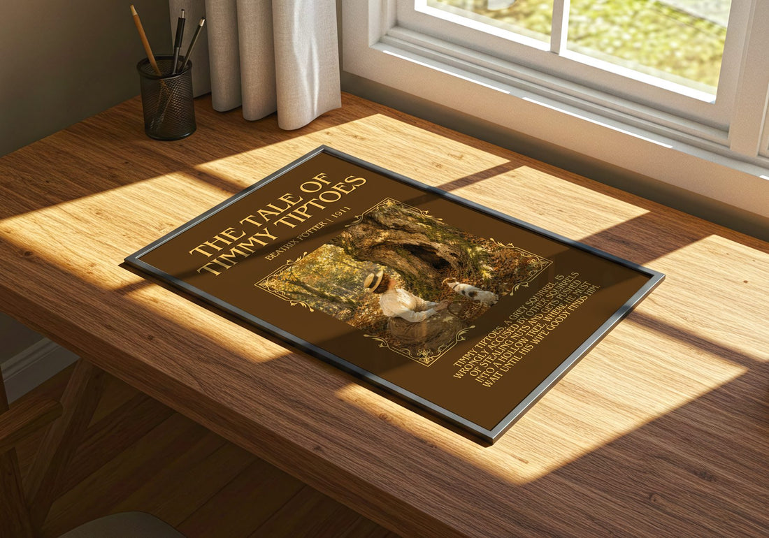 The Tale Of Timmy Tiptoes Minimalist Book Poster by Beatrix Potter – print on a sunlit desk