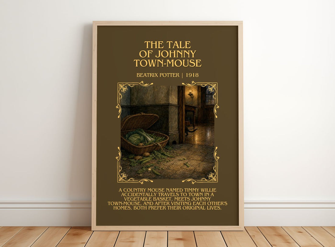 The Tale Of Johnny Town-Mouse Minimalist Book Poster by Beatrix Potter – framed print leaning on a wooden floor