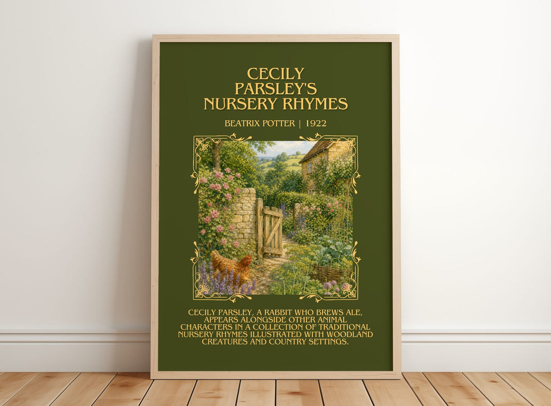 Cecily Parsley'S Nursery Rhymes Minimalist Book Poster by B. Potter – framed print leaning on a wooden floor