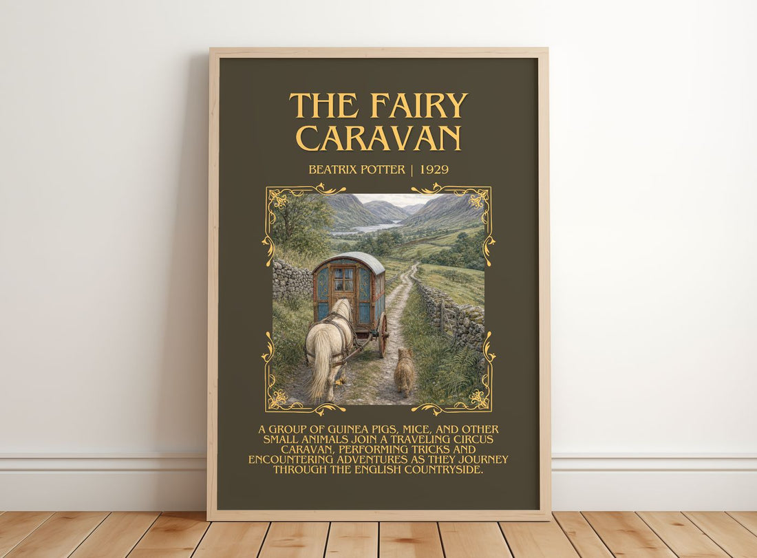 The Fairy Caravan Minimalist Book Poster by Beatrix Potter – framed print leaning on a wooden floor