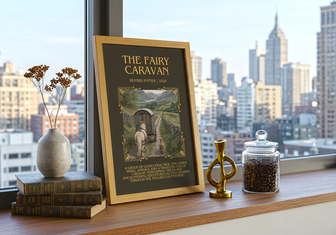 The Fairy Caravan Minimalist Book Poster by Beatrix Potter – framed print on a city-view windowsill