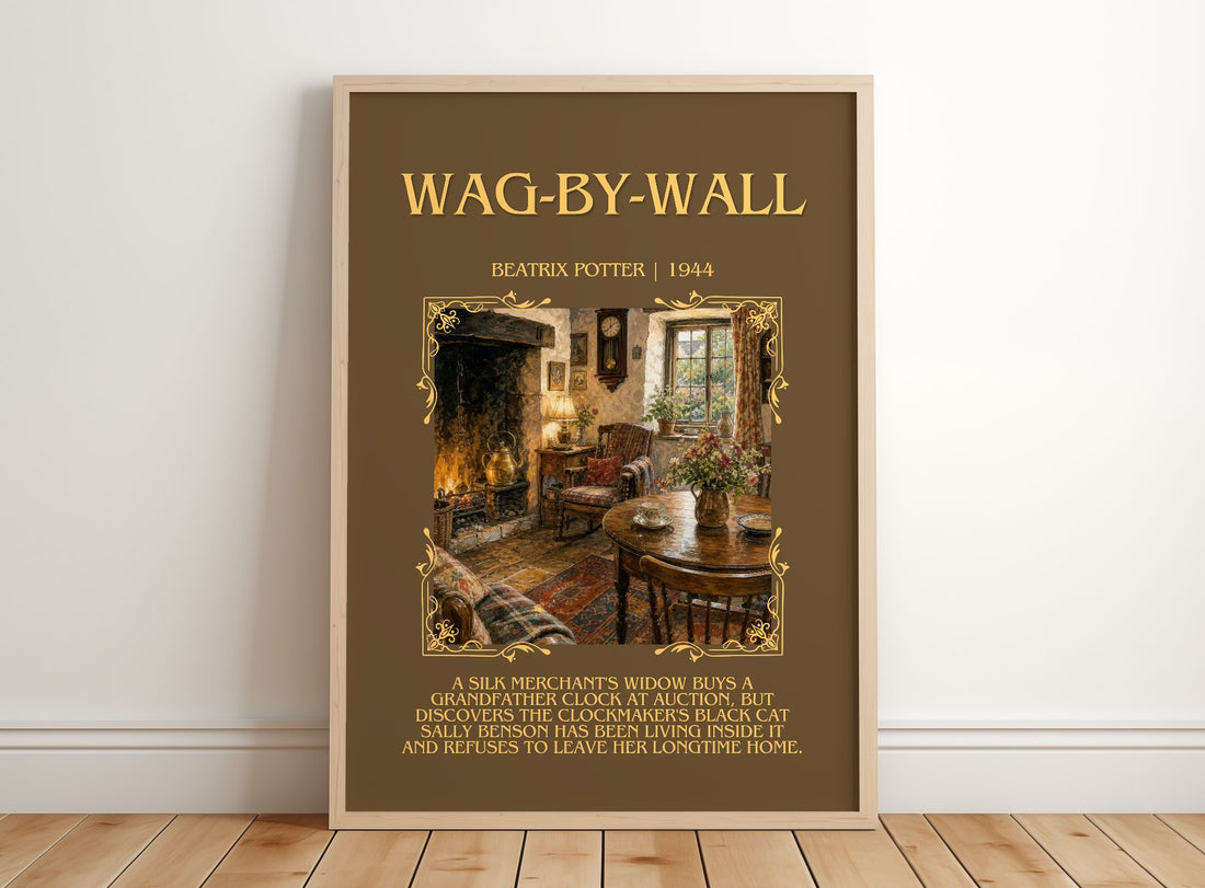 Wag-By-Wall Minimalist Book Poster by Beatrix Potter – framed print leaning on a wooden floor