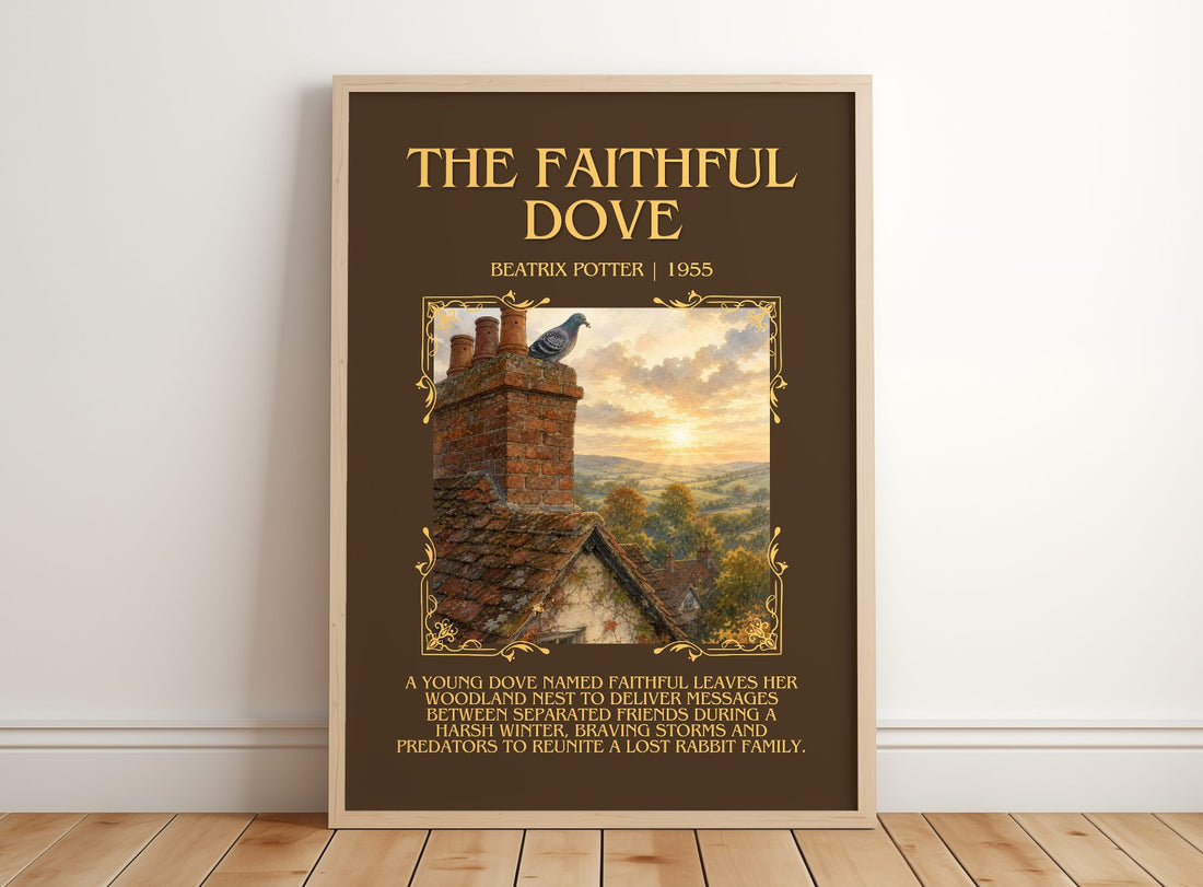 The Faithful Dove Minimalist Book Poster by Beatrix Potter – framed print leaning on a wooden floor