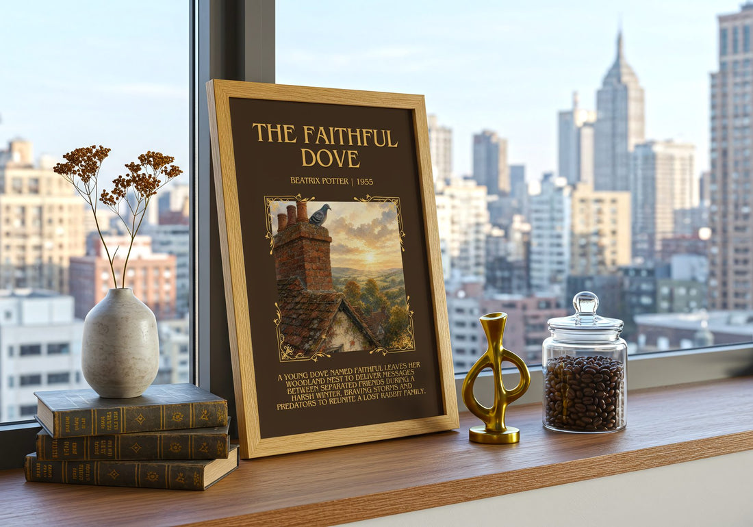 The Faithful Dove Minimalist Book Poster by Beatrix Potter – framed print on a city-view windowsill