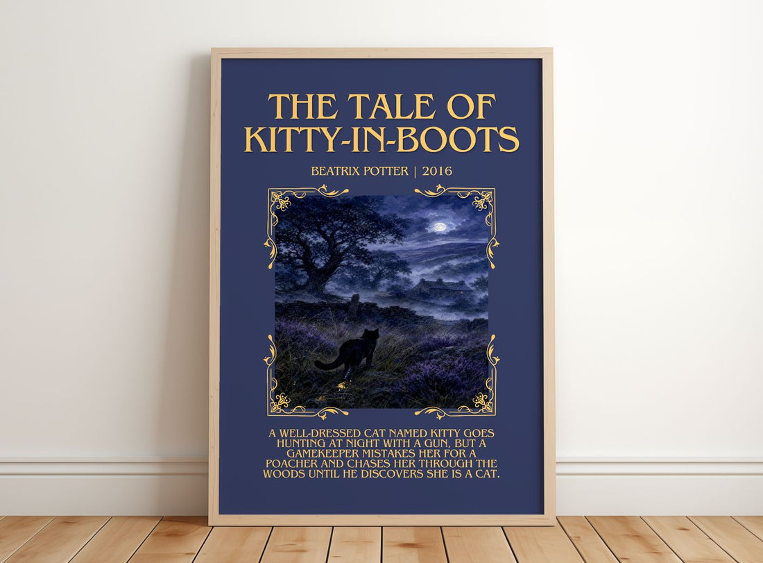 The Tale Of Kitty-In-Boots Minimalist Book Poster by Beatrix Potter – framed print leaning on a wooden floor