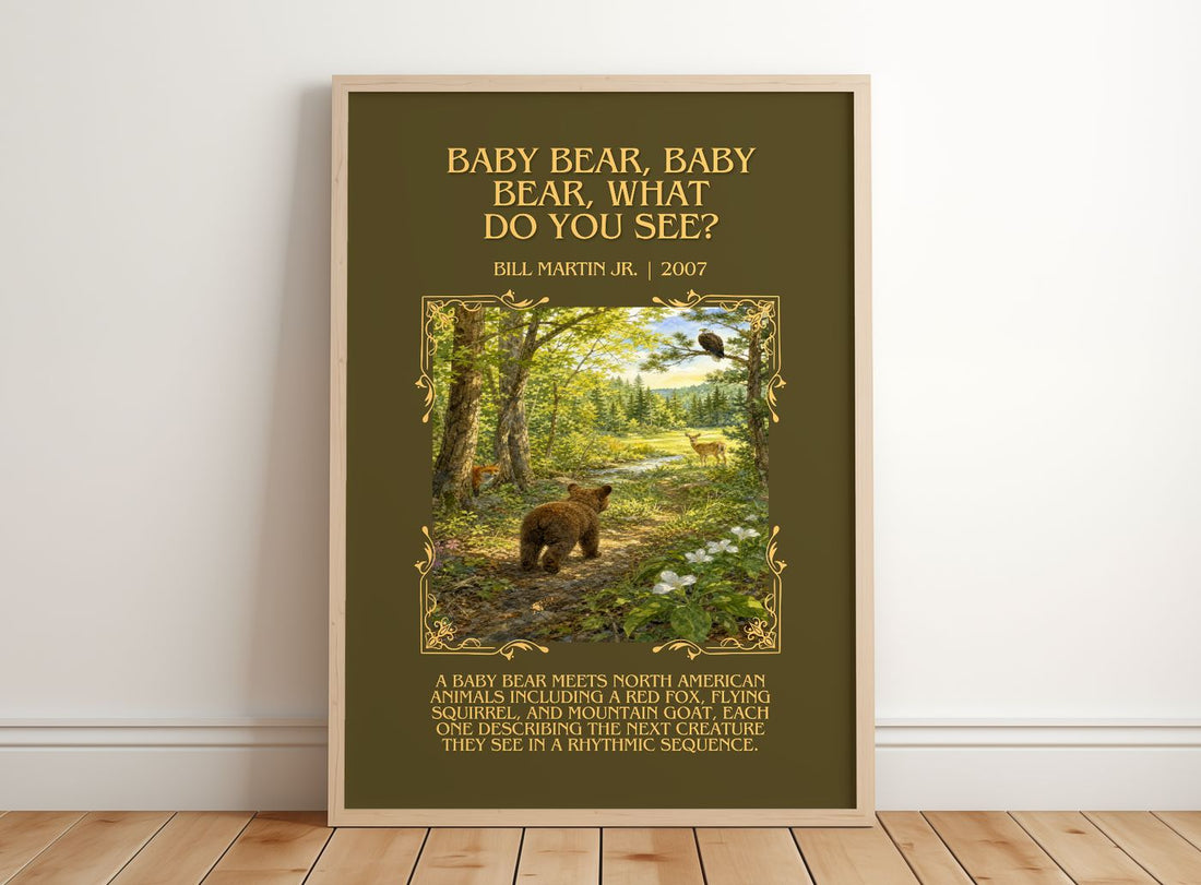 Baby Bear, Baby Bear, What Do You See? Minimalist Book Poster – framed print leaning on a wooden floor