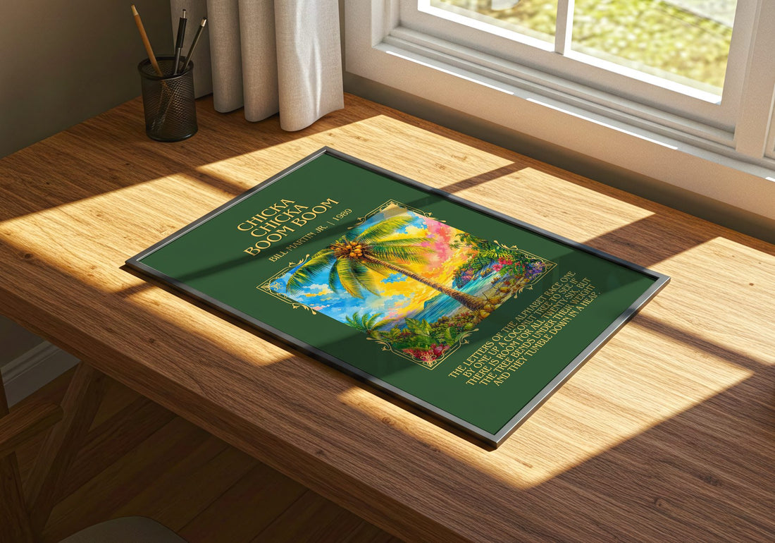Chicka Chicka Boom Boom Minimalist Book Poster by Bill Martin Jr. – print on a sunlit desk