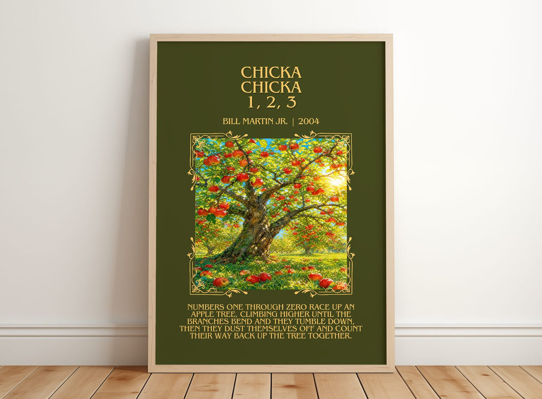 Chicka Chicka 1, 2, 3 Minimalist Book Poster by Bill Martin Jr. – framed print leaning on a wooden floor