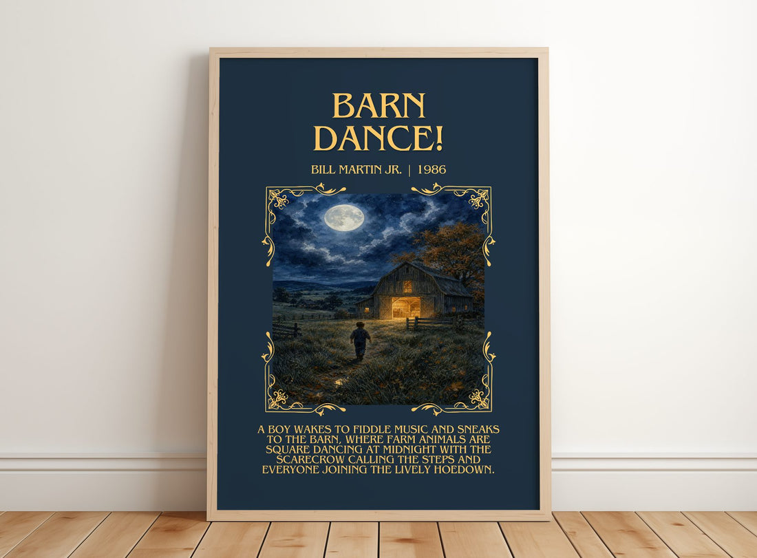 Barn Dance! Minimalist Book Poster by Bill Martin Jr. – framed print leaning on a wooden floor