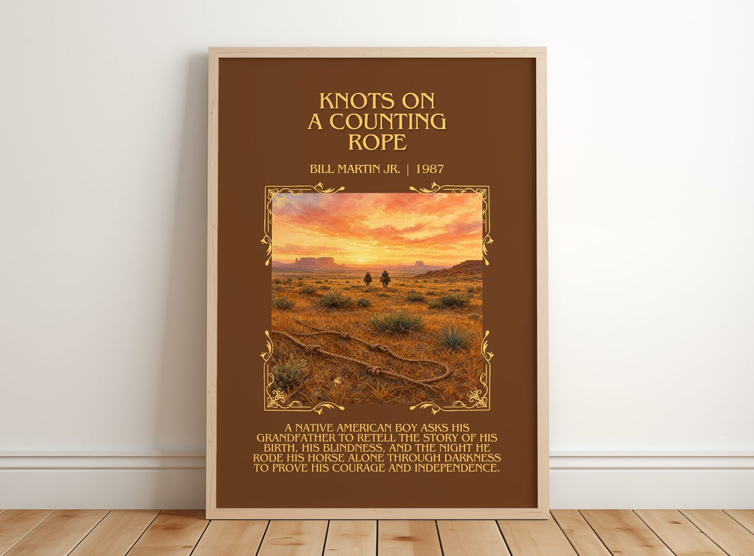 Knots On A Counting Rope Minimalist Book Poster by Bill Martin Jr. – framed print leaning on a wooden floor