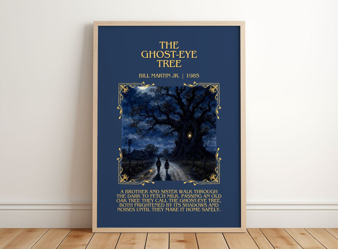 The Ghost-Eye Tree Minimalist Book Poster by Bill Martin Jr. – framed print leaning on a wooden floor