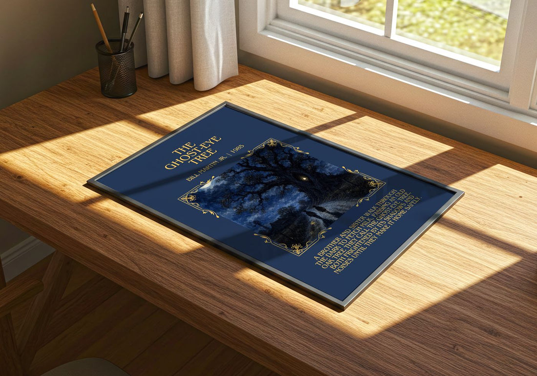 The Ghost-Eye Tree Minimalist Book Poster by Bill Martin Jr. – print on a sunlit desk