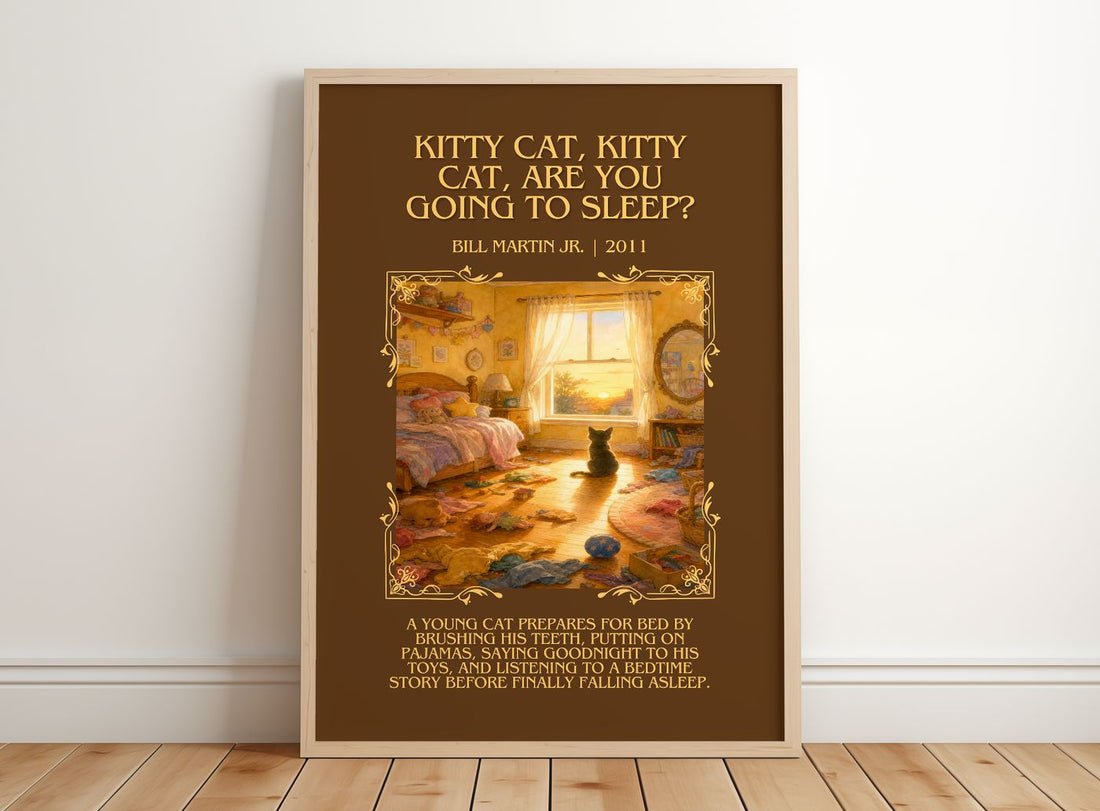 Kitty Cat, Kitty Cat, Are You Going To Sleep? Minimalist Book Poster – framed print leaning on a wooden floor