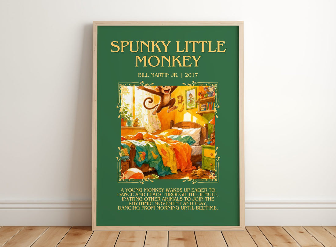 Spunky Little Monkey Minimalist Book Poster by Bill Martin Jr. – framed print leaning on a wooden floor