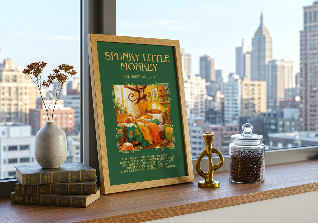 Spunky Little Monkey Minimalist Book Poster by Bill Martin Jr. – framed print on a city-view windowsill
