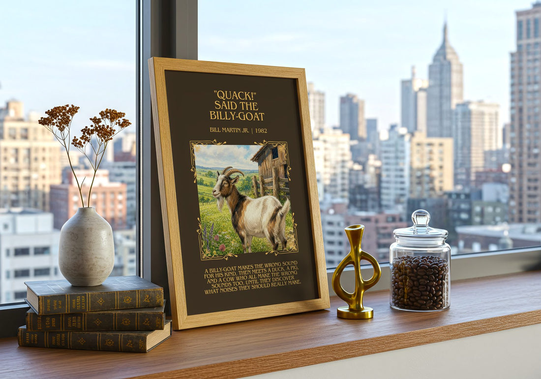 "Quack!" Said The Billy-Goat Minimalist Book Poster by Bill Martin Jr. – framed print on a city-view windowsill