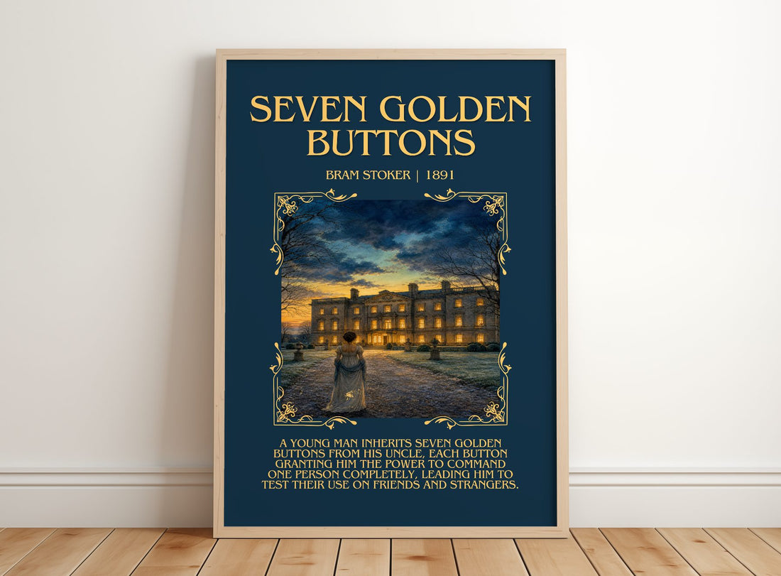Seven Golden Buttons Minimalist Book Poster by Bram Stoker – framed print leaning on a wooden floor