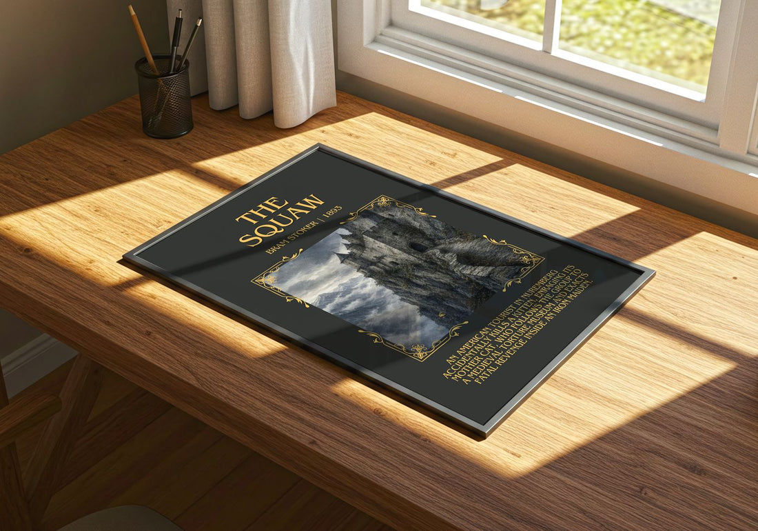 The Squaw Minimalist Book Poster by Bram Stoker – print on a sunlit desk