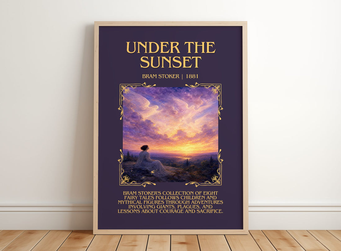 Under The Sunset Minimalist Book Poster by Bram Stoker – framed print leaning on a wooden floor