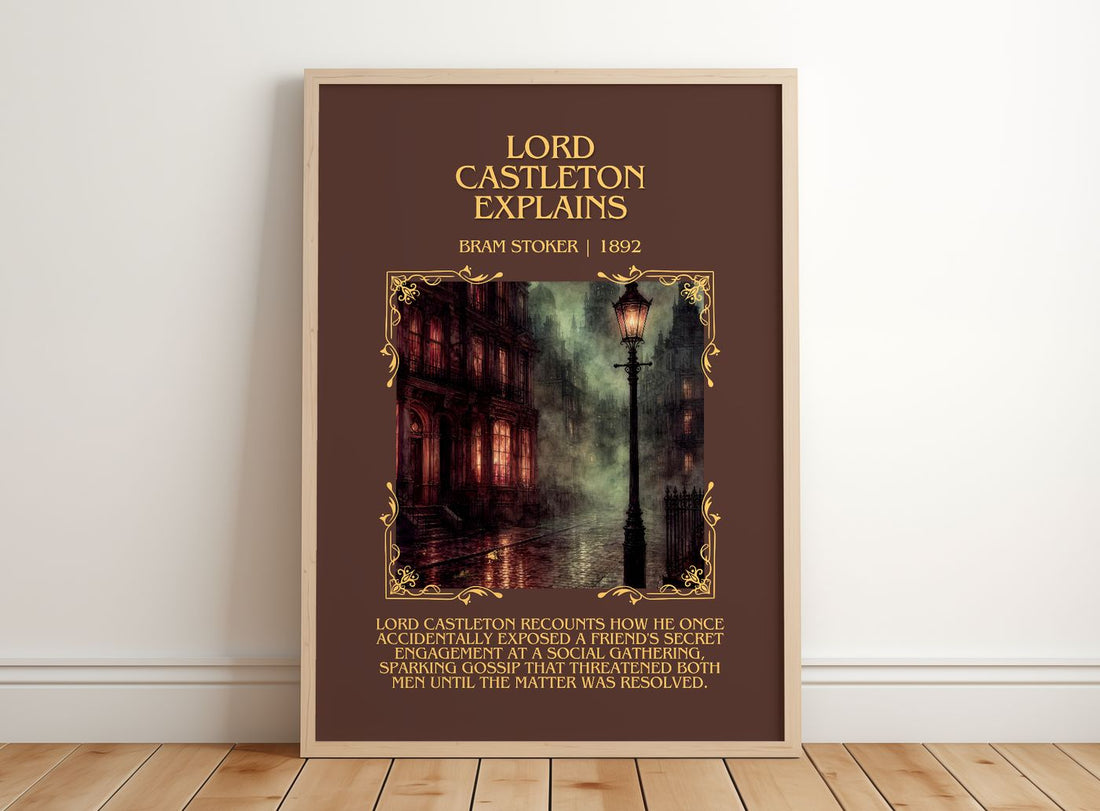 Lord Castleton Explains Minimalist Book Poster by Bram Stoker – framed print leaning on a wooden floor