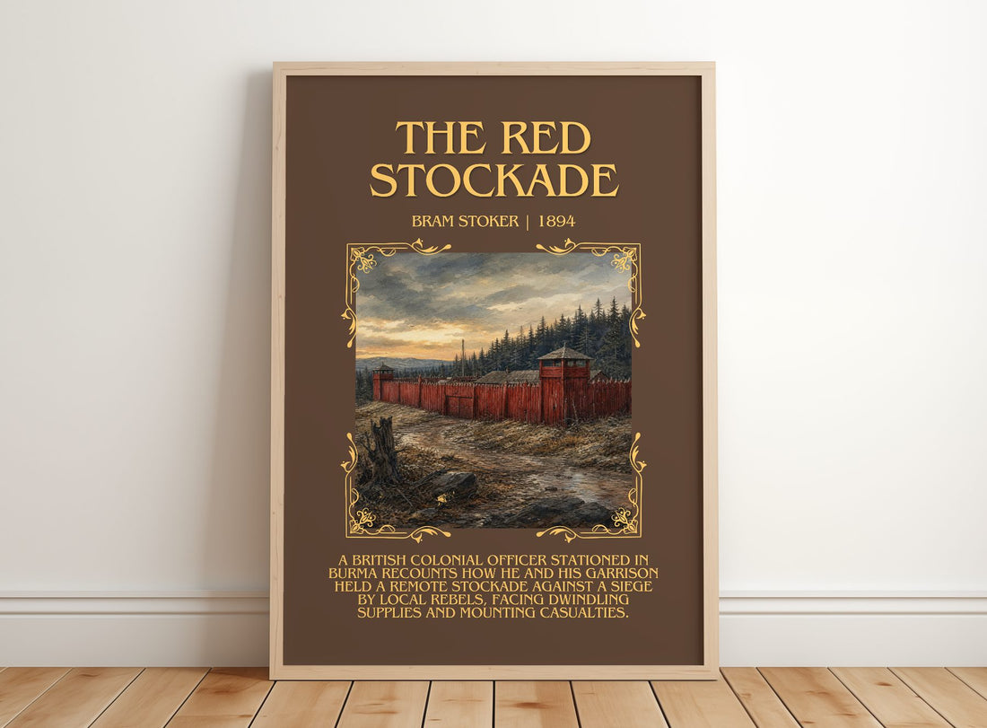The Red Stockade Minimalist Book Poster by Bram Stoker – framed print leaning on a wooden floor