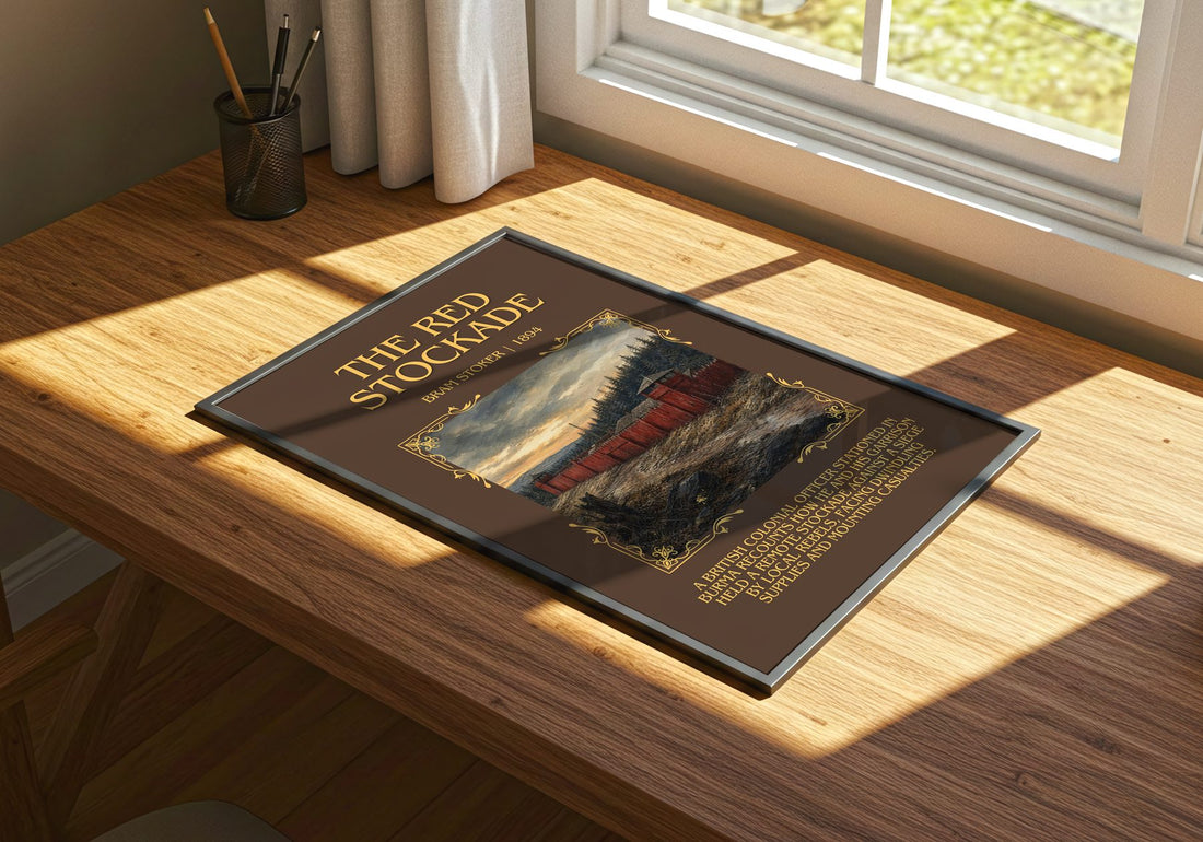 The Red Stockade Minimalist Book Poster by Bram Stoker – print on a sunlit desk
