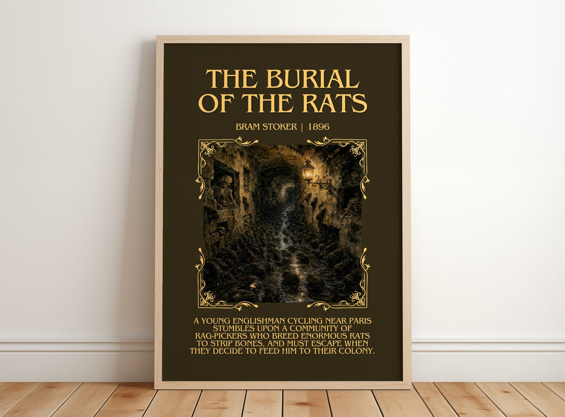 The Burial Of The Rats Minimalist Book Poster by Bram Stoker – framed print leaning on a wooden floor