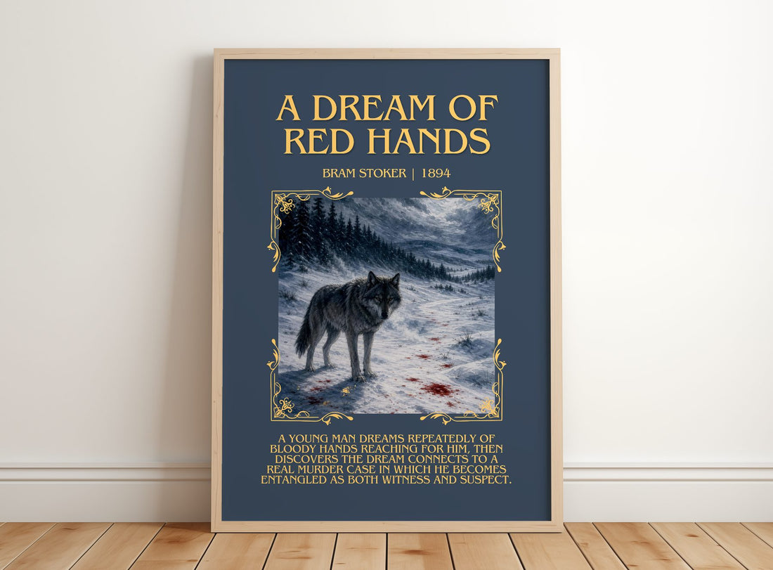 A Dream Of Red Hands Minimalist Book Poster by Bram Stoker – framed print leaning on a wooden floor
