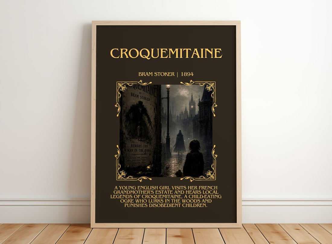 Croquemitaine Minimalist Book Poster by Bram Stoker – framed print leaning on a wooden floor