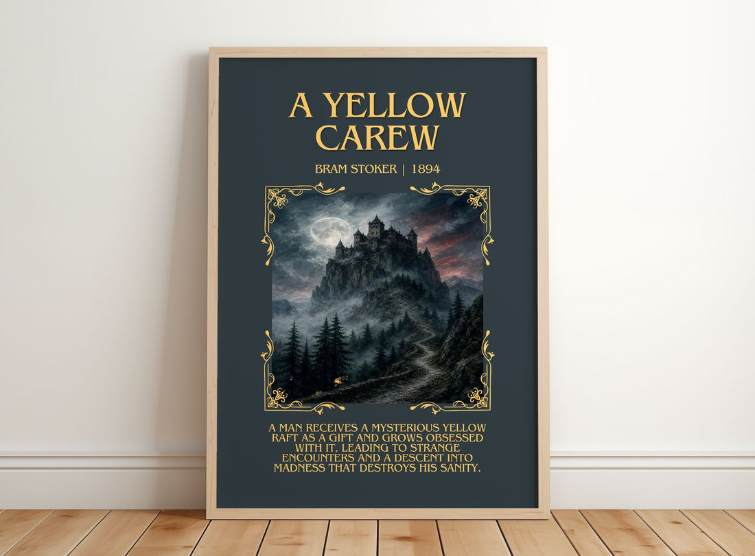 A Yellow Carew Minimalist Book Poster by Bram Stoker – framed print leaning on a wooden floor