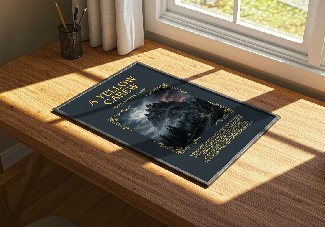 A Yellow Carew Minimalist Book Poster by Bram Stoker – print on a sunlit desk