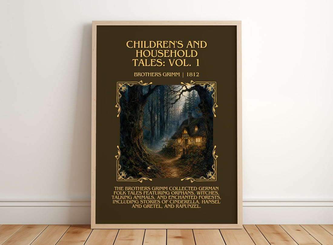 Children'S And Household Tales: Vol. 1 Minimalist Book Poster – framed print leaning on a wooden floor