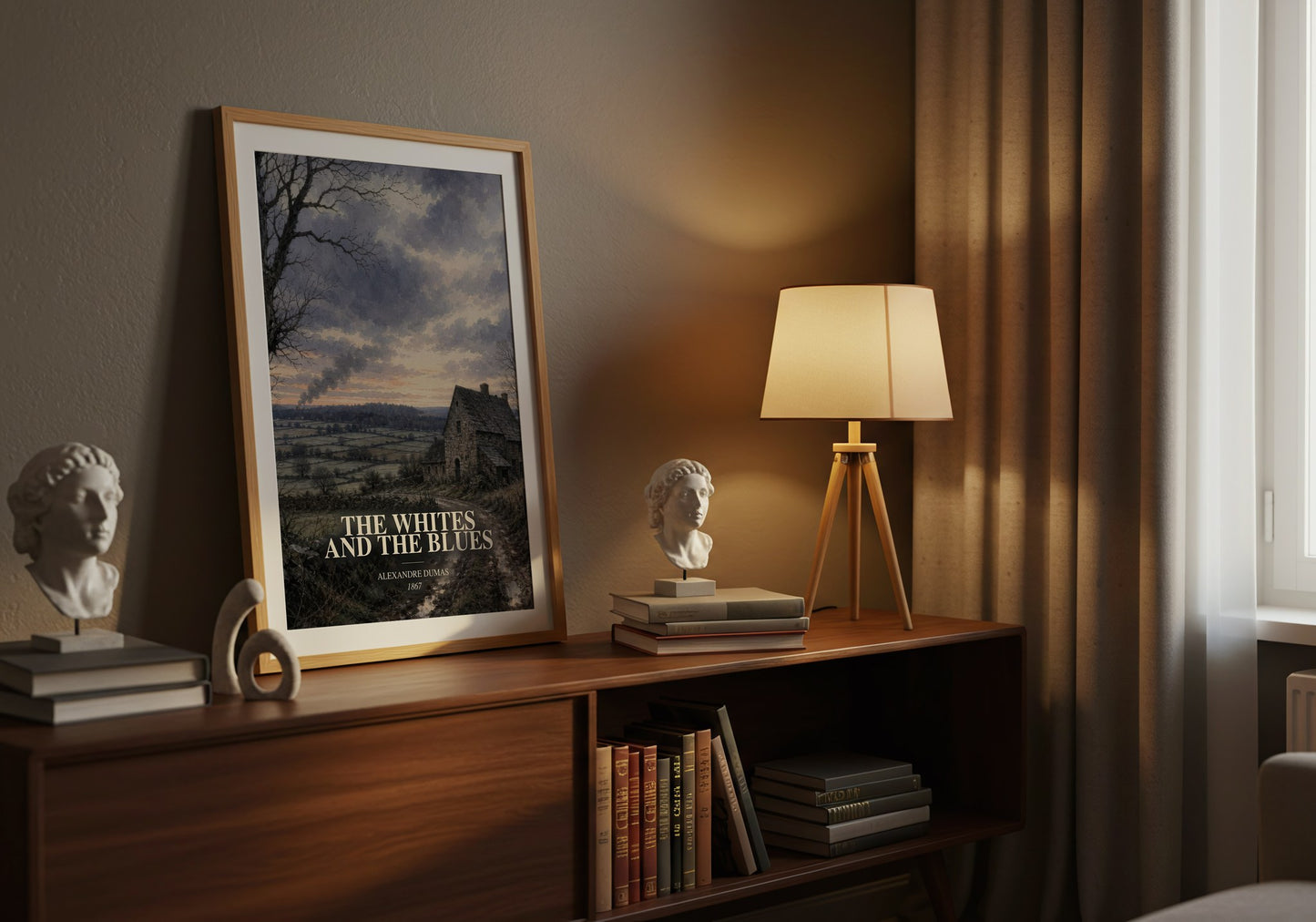 The Whites And The Blues watercolour print on bookshelf – Alexandre Dumas fan gift