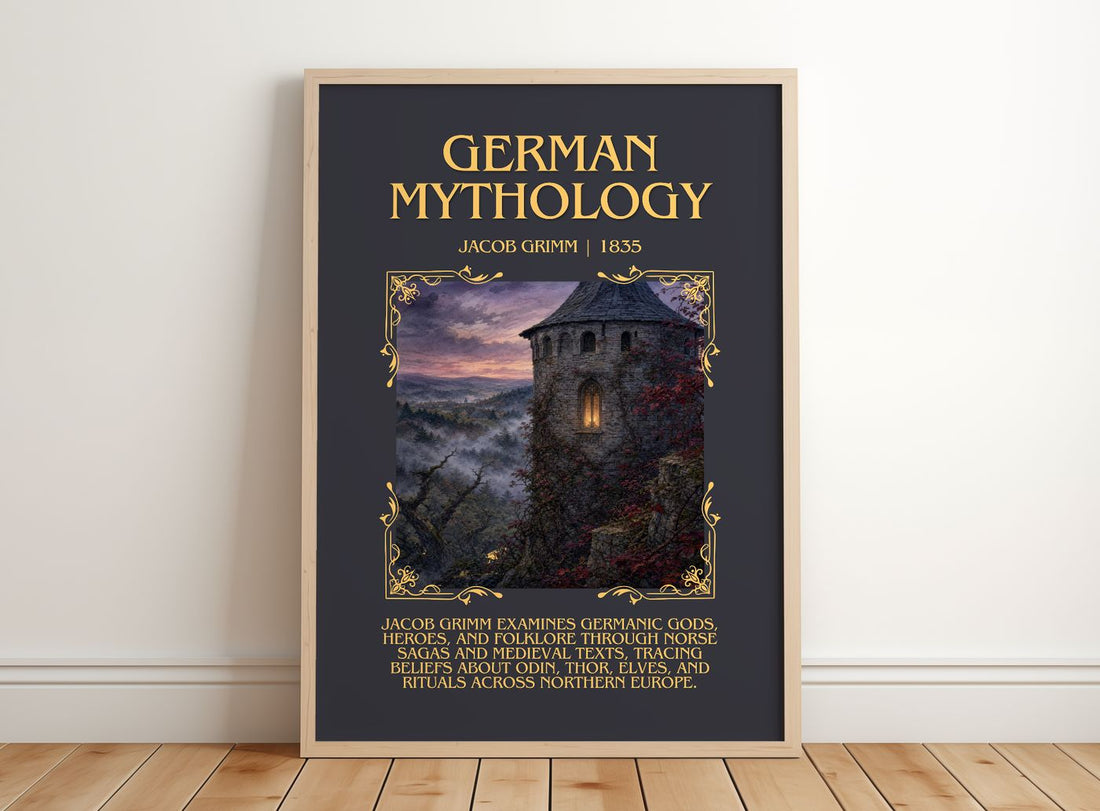 German Mythology Minimalist Book Poster by Jacob Grimm – framed print leaning on a wooden floor