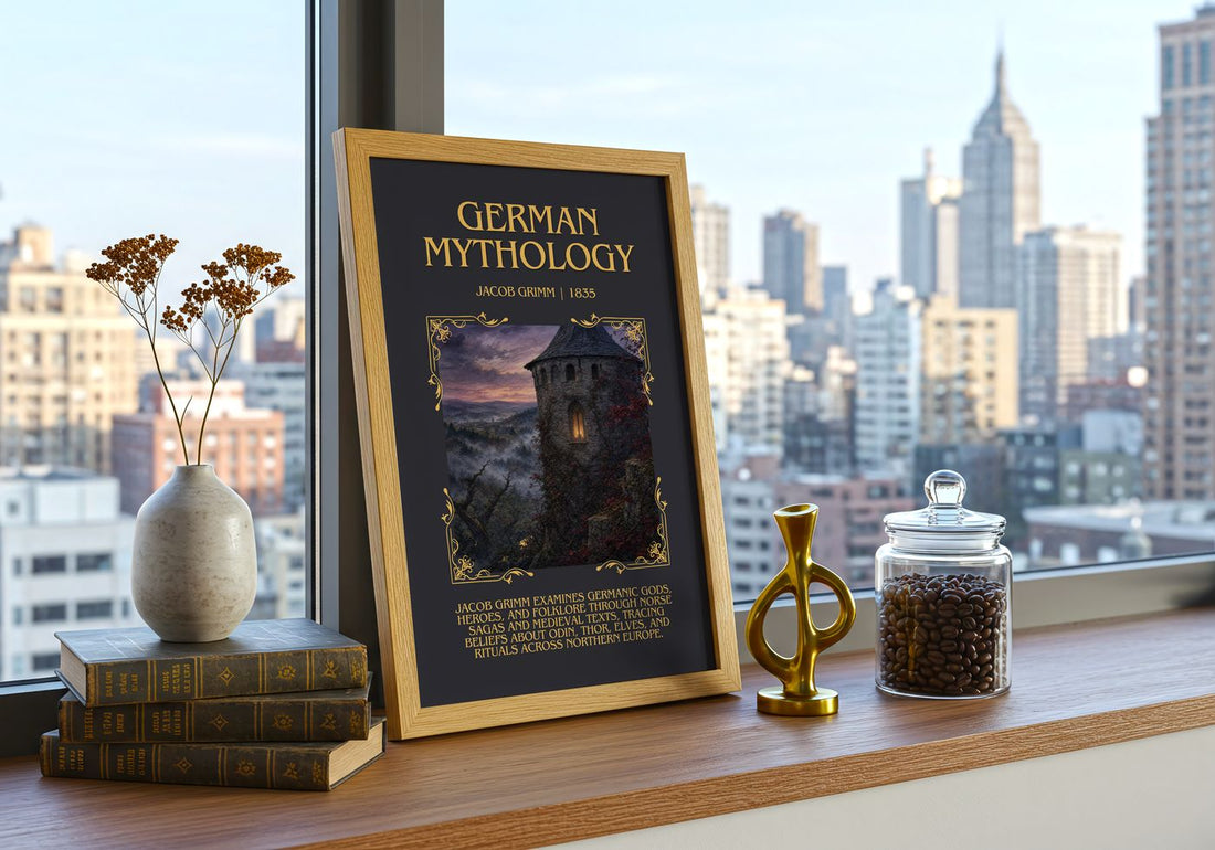 German Mythology Minimalist Book Poster by Jacob Grimm – framed print on a city-view windowsill