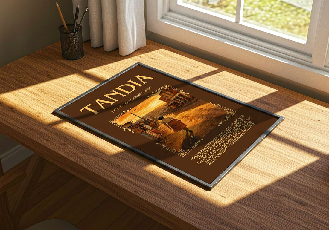 Tandia Minimalist Book Poster by Bryce Courtenay – print on a sunlit desk