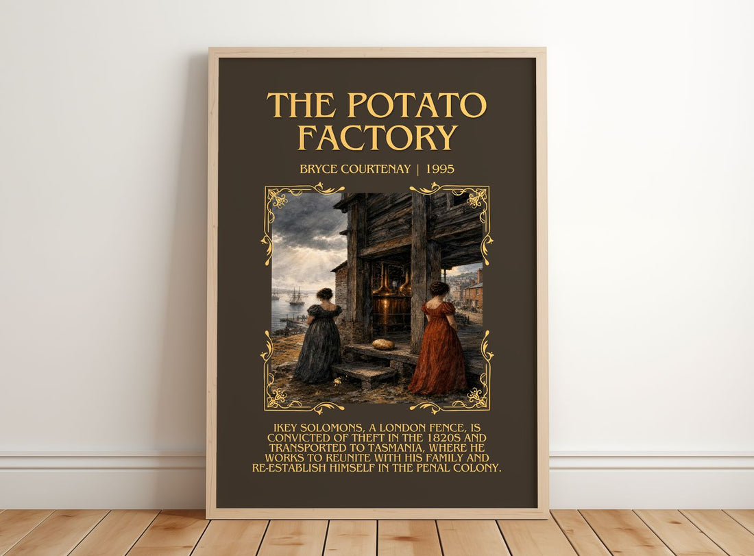 The Potato Factory Minimalist Book Poster by Bryce Courtenay – framed print leaning on a wooden floor